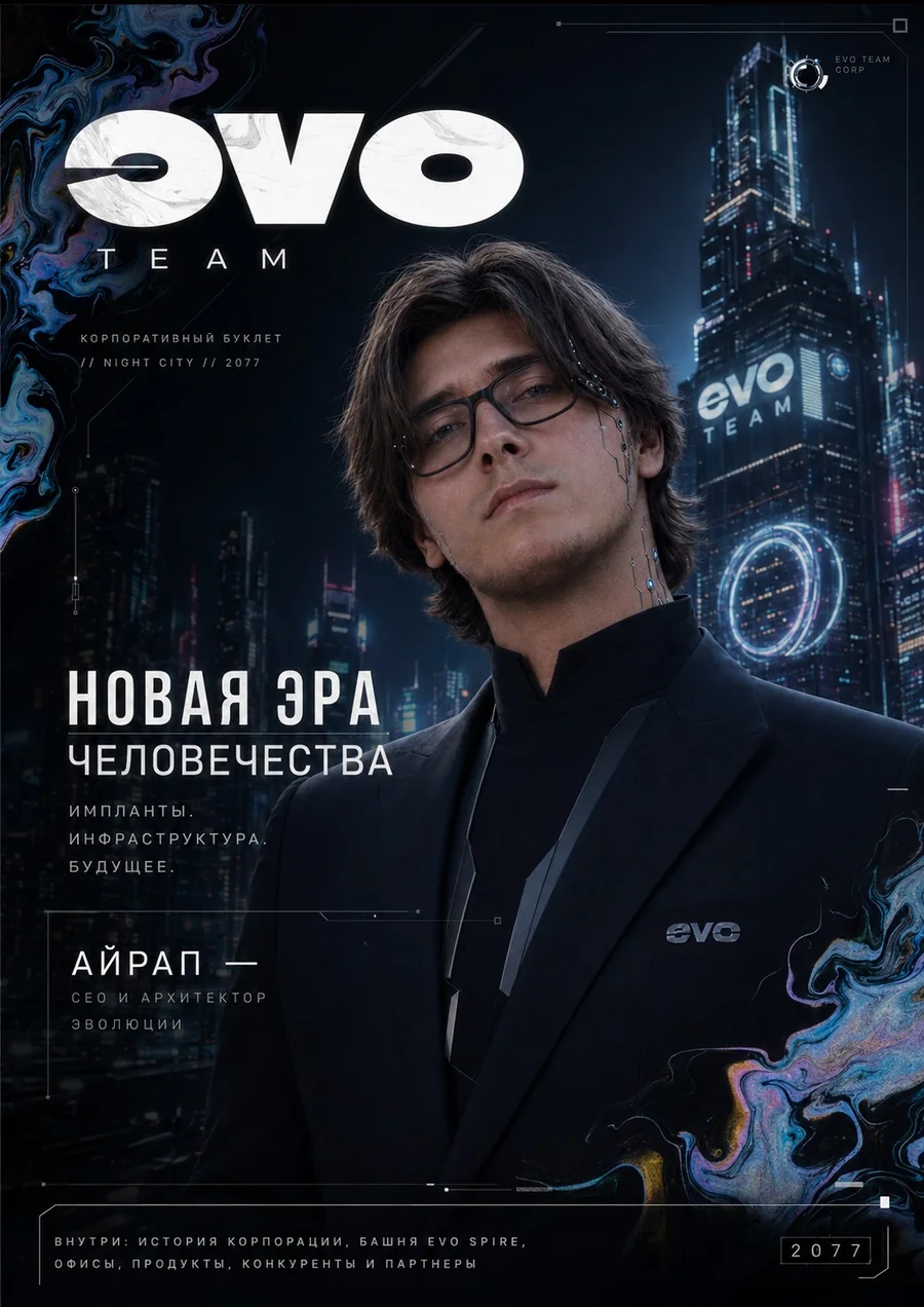 Обложка корпоративной книги EVO Team, Найт-Сити, 2077 год